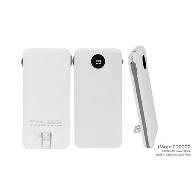 iMojo 10000 mAh Power Bank, Built-in Cable , White